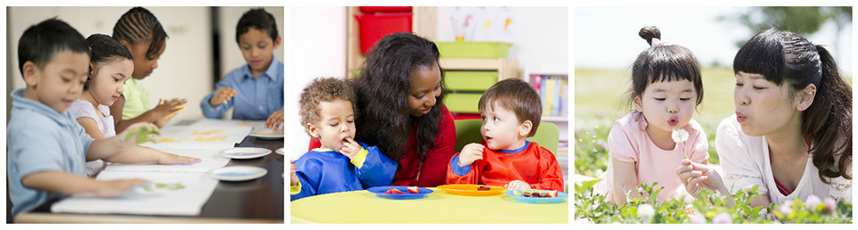Three adjacent images of children doing different activities. The first image is of children finger painting, the second of two children eating, and the third of a child and adult blowing the fluff off a dandelion.