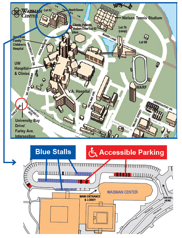 Map of the location of the Waisman Center, depicting its exact location on Highland Ave. Madison, WI. The bottom part of the image is a map of which parking stalls are available to study participants. 