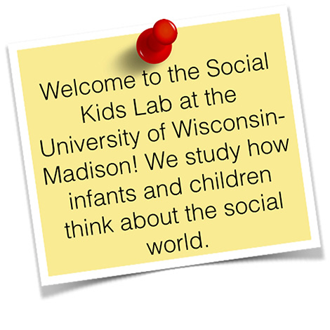 Image of a sticky note with a red push pin in it with text welcoming people to the Social Kids Lab.